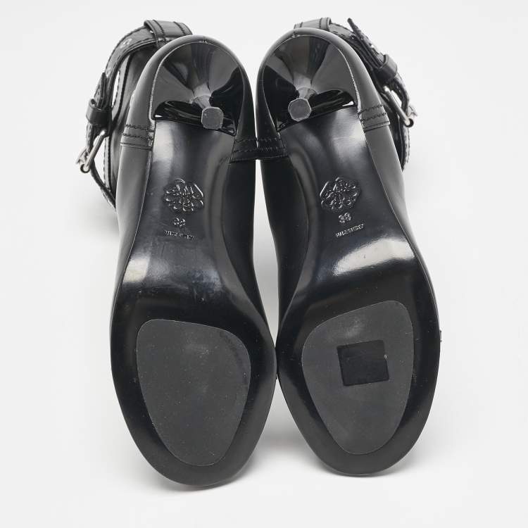 Pre Owned Alexander McQueen Black Buckled Leather Ankle Boots Size 38