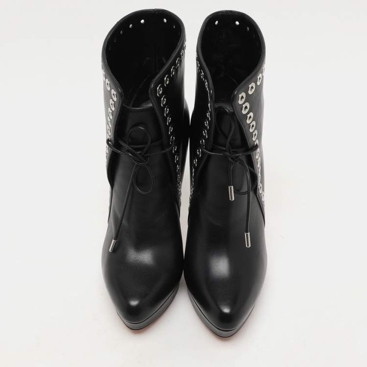 Pre Owned Alexander McQueen Black Leather Eyelet Trim Curve Heel Ankle Boots Size 37