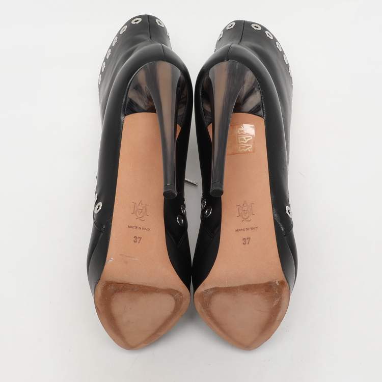 Pre Owned Alexander McQueen Black Leather Eyelet Trim Curve Heel Ankle Boots Size 37