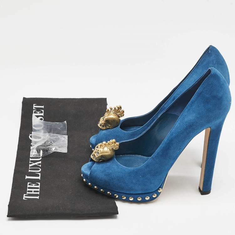 Pre Owned Alexander McQueen Blue Suede Skull Peep Toe Pumps Size 36.5