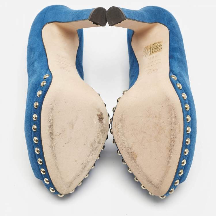 Pre Owned Alexander McQueen Blue Suede Skull Peep Toe Pumps Size 36.5