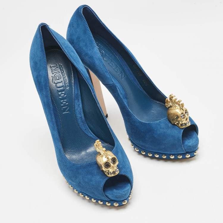 Pre Owned Alexander McQueen Blue Suede Skull Peep Toe Pumps Size 36.5