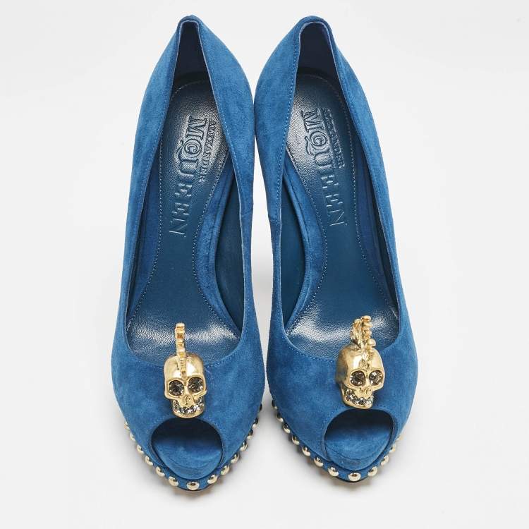 Pre Owned Alexander McQueen Blue Suede Skull Peep Toe Pumps Size 36.5