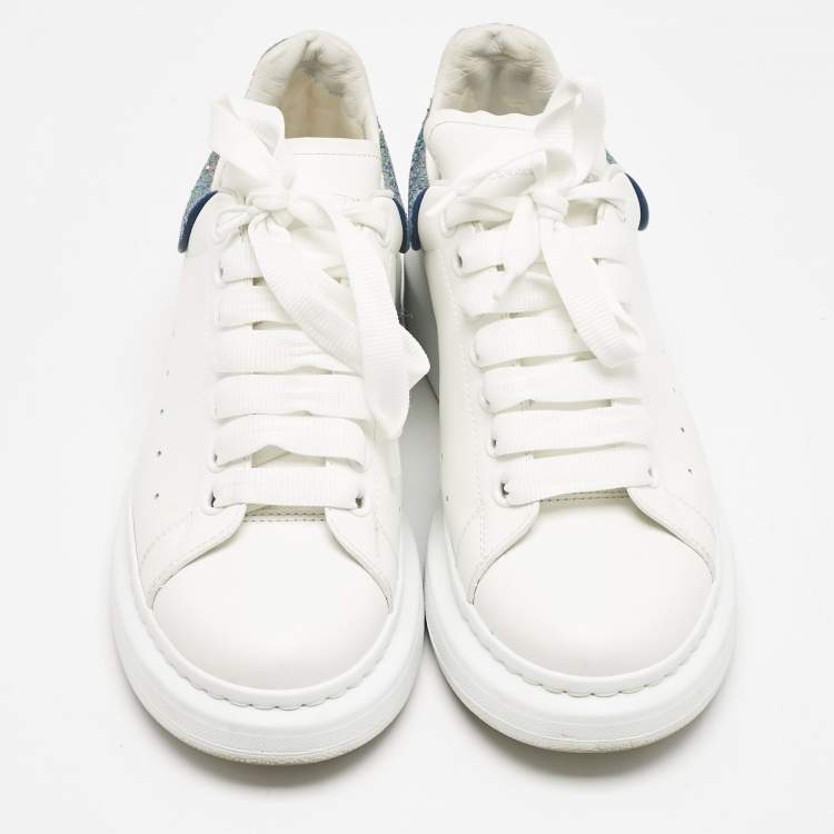 Pre Owned Alexander McQueen White/Metallic Leather Oversized Lace Up Sneakers Size 38.5