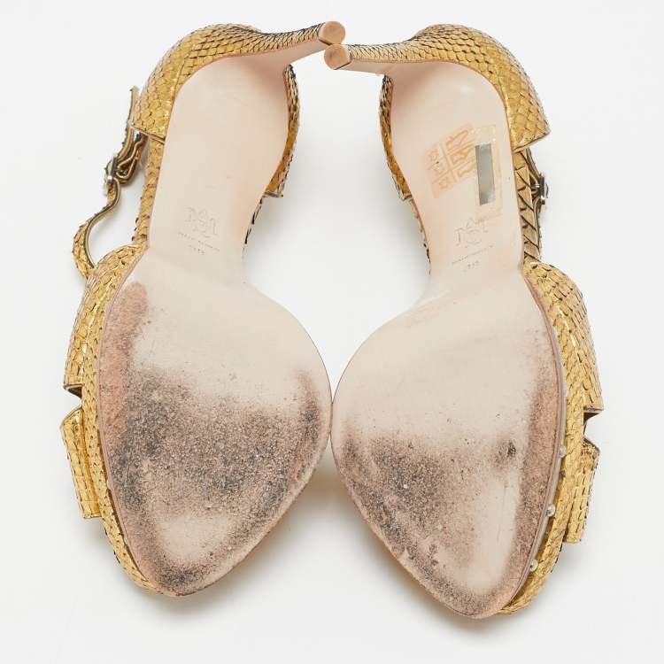 Pre Owned Alexander McQueen Gold Snakeskin Studded Platform Sandals Size 38