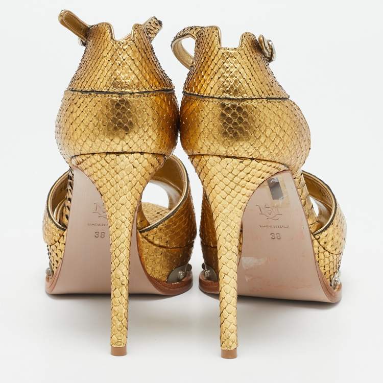 Pre Owned Alexander McQueen Gold Snakeskin Studded Platform Sandals Size 38