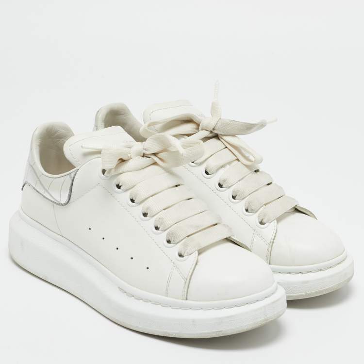 Pre Owned Alexander McQueen White/Silver Leather Oversized Sneakers Size 38.5