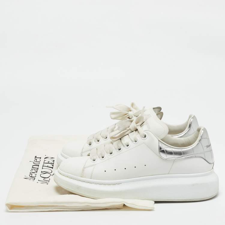 Pre Owned Alexander McQueen White/Silver Leather Oversized Sneakers Size 38.5