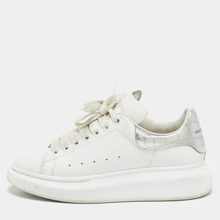 Pre Owned Alexander McQueen White/Silver Leather Oversized Sneakers Size 38.5