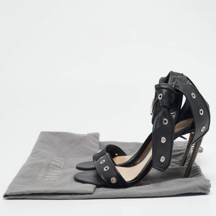 Pre Owned Alexander McQueen Black Leather Lana Razor Ankle Strap Sandals Size 39.5