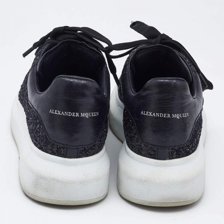 Pre Owned Alexander McQueen Black Glitter and Leather Oversized Low Top Sneakers Size 36