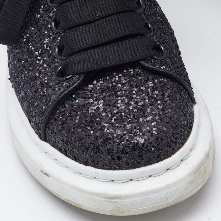 Pre Owned Alexander McQueen Black Glitter and Leather Oversized Low Top Sneakers Size 36