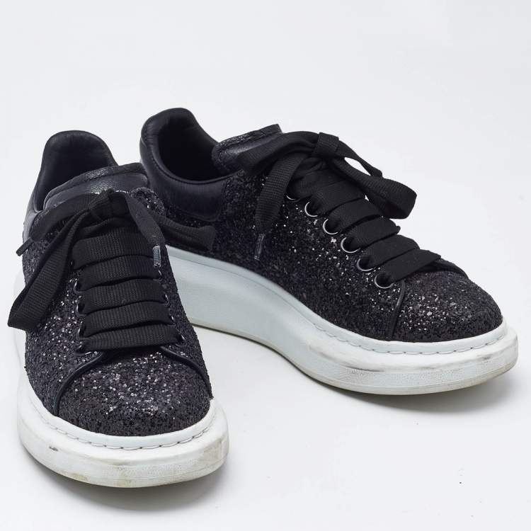 Pre Owned Alexander McQueen Black Glitter and Leather Oversized Low Top Sneakers Size 36