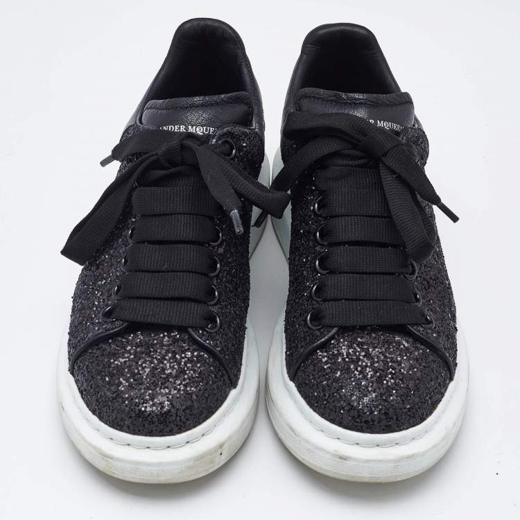 Pre Owned Alexander McQueen Black Glitter and Leather Oversized Low Top Sneakers Size 36
