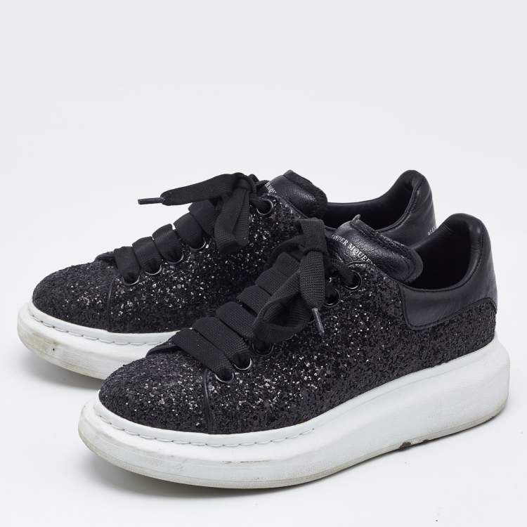 Pre Owned Alexander McQueen Black Glitter and Leather Oversized Low Top Sneakers Size 36