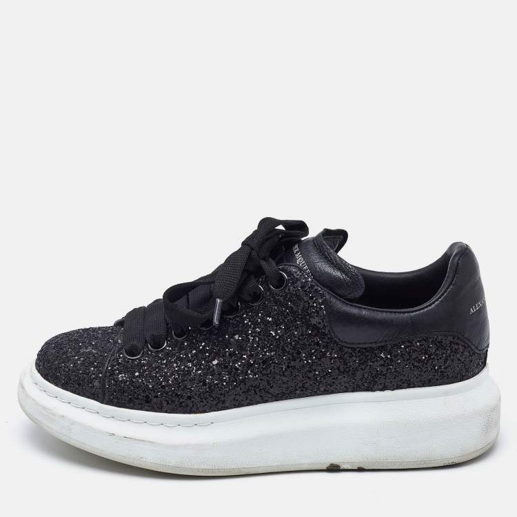 Pre Owned Alexander McQueen Black Glitter and Leather Oversized Low Top Sneakers Size 36