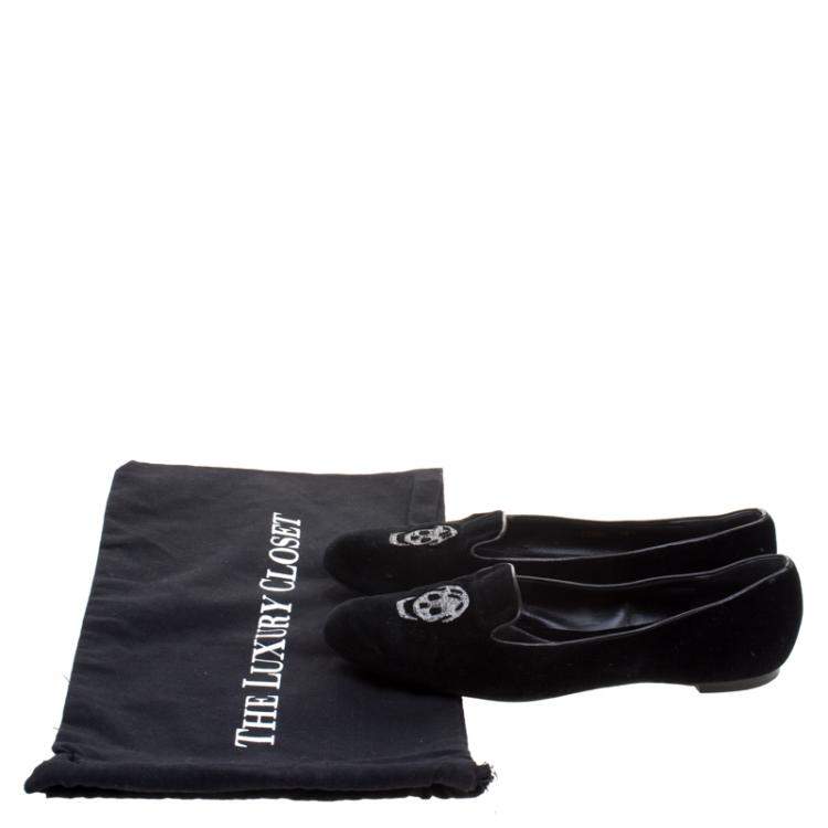 Pre Owned Alexander McQueen Black Velvet Skull Embroidered Smoking Slippers Size 38.5