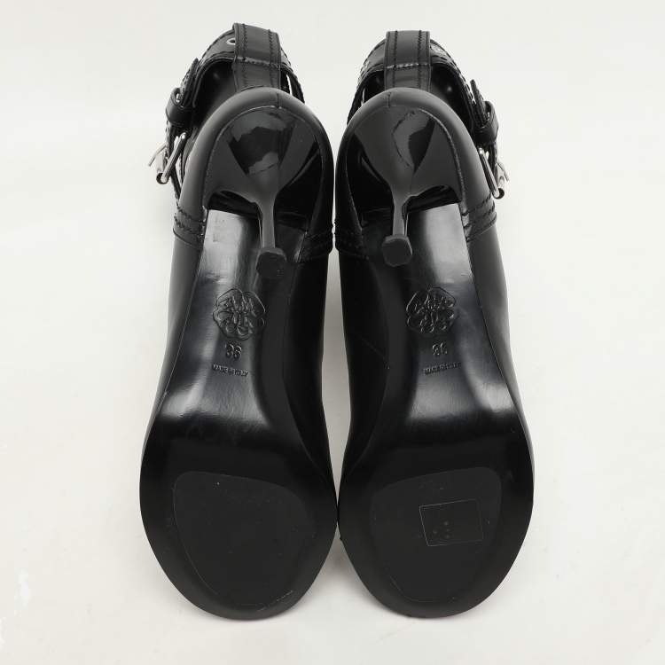 Pre Owned Alexander McQueen Black Leather Ankle Length Boots Size 36