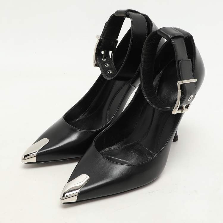 Pre Owned Alexander McQueen Black Leather Punk Ankle Strap Pumps Size 36