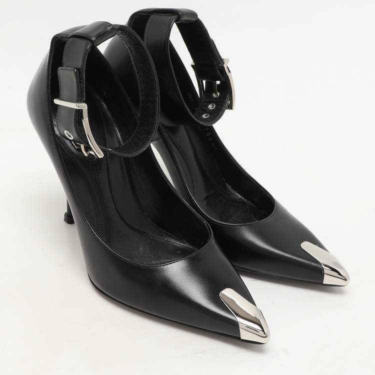 Pre Owned Alexander McQueen Black Leather Punk Ankle Strap Pumps Size 36