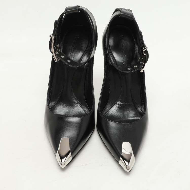 Pre Owned Alexander McQueen Black Leather Punk Ankle Strap Pumps Size 36