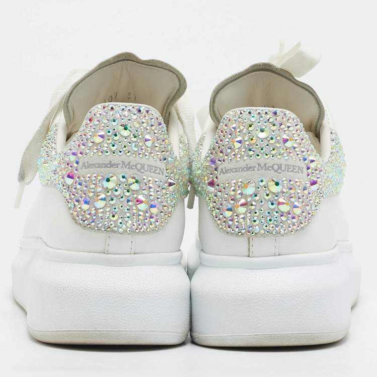 Pre Owned Alexander McQueen White Leather Crystal Embellished Larry Sneakers Size 37