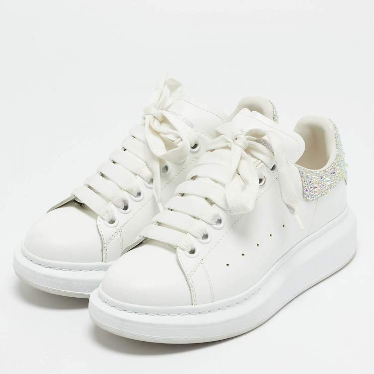Pre Owned Alexander McQueen White Leather Crystal Embellished Larry Sneakers Size 37
