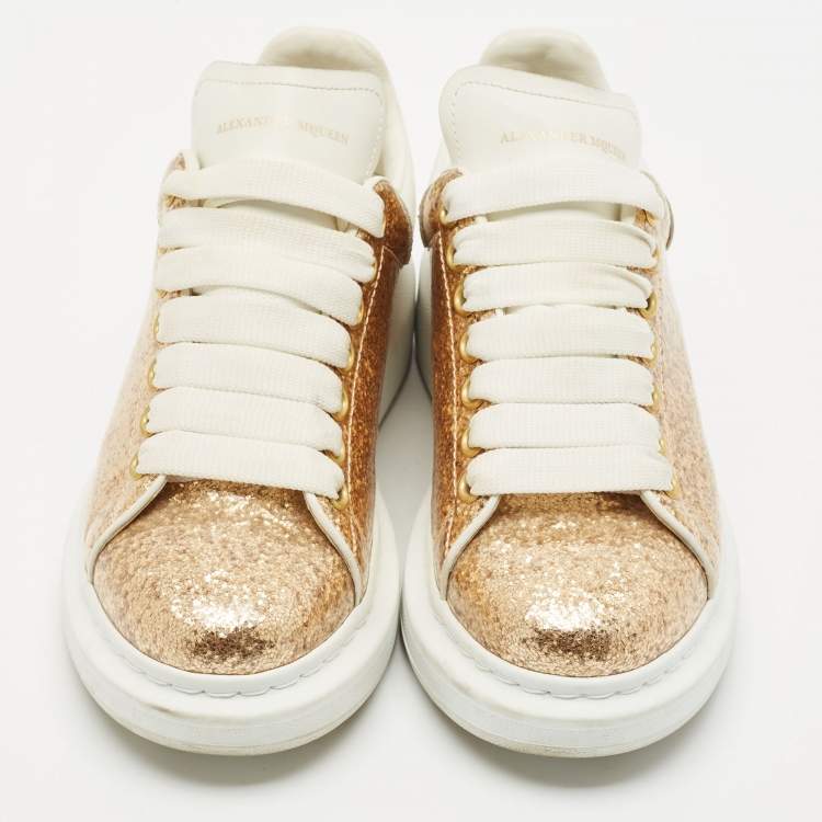 Pre Owned Alexander McQueen White/Gold PVC and Leather Oversized Sneakers Size 37.5