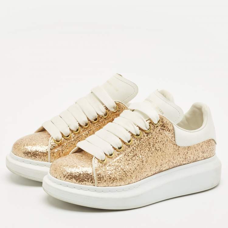 Pre Owned Alexander McQueen White/Gold PVC and Leather Oversized Sneakers Size 37.5