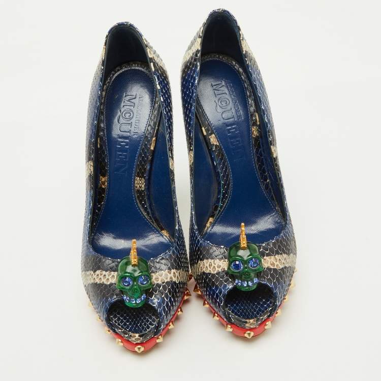 Pre Owned Alexander McQueen Multicolor Python Crystal Skull Peep Toe Pumps Size 36