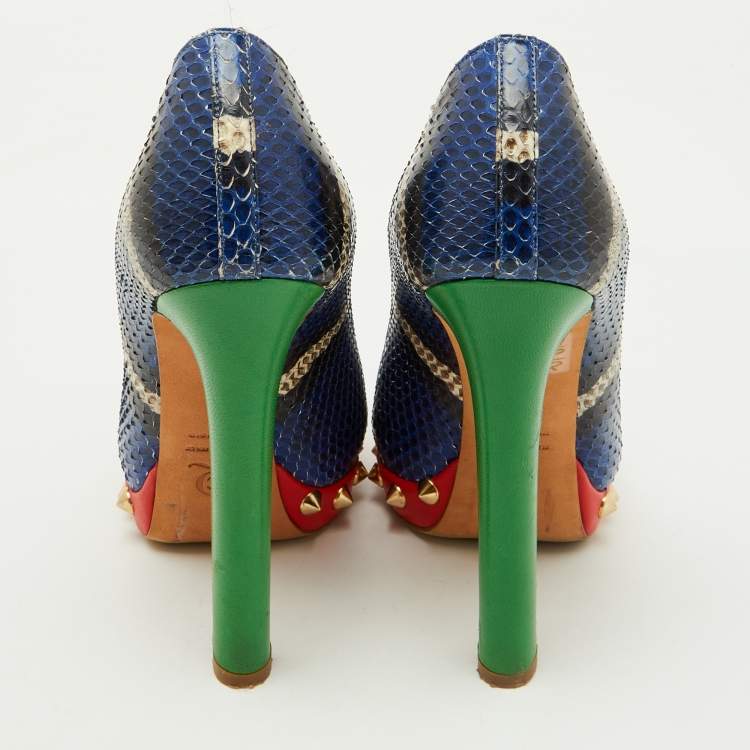 Pre Owned Alexander McQueen Multicolor Python Crystal Skull Peep Toe Pumps Size 36