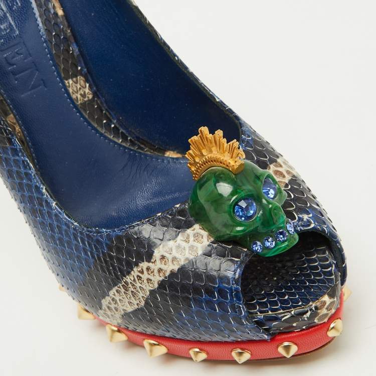 Pre Owned Alexander McQueen Multicolor Python Crystal Skull Peep Toe Pumps Size 36