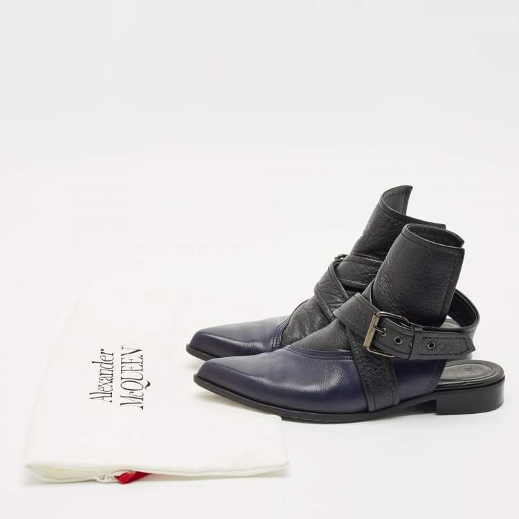 Pre Owned Alexander McQueen Black/Blue Leather Grace Ankle Length Boots Size 38