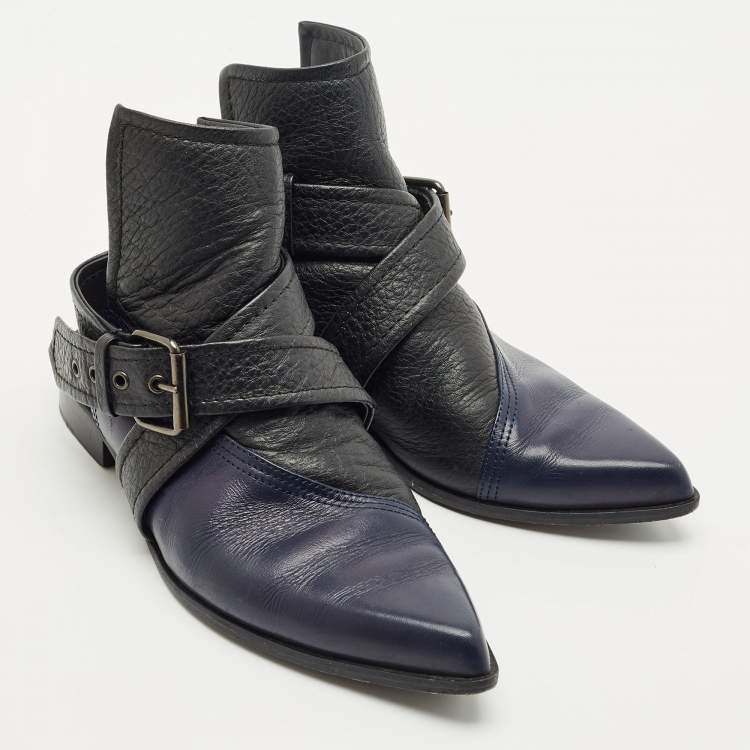 Pre Owned Alexander McQueen Black/Blue Leather Grace Ankle Length Boots Size 38