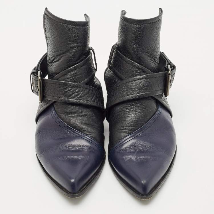 Pre Owned Alexander McQueen Black/Blue Leather Grace Ankle Length Boots Size 38