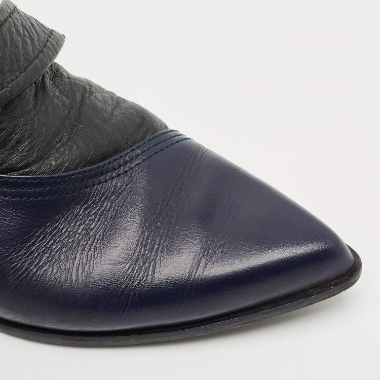 Pre Owned Alexander McQueen Black/Blue Leather Grace Ankle Length Boots Size 38