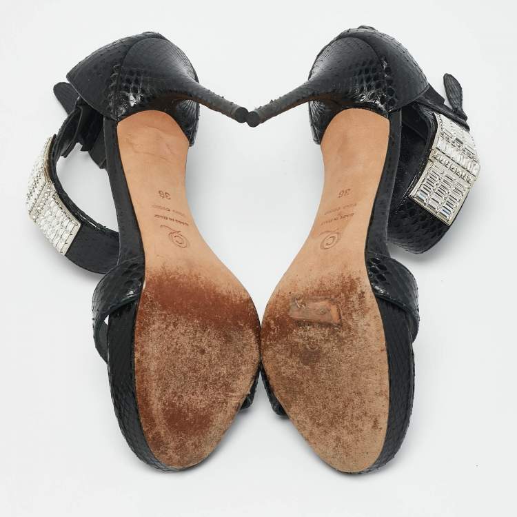 Pre Owned Alexander McQueen Black Snakeskin Leather Crystal Embellished Ankle Cuff Sandals Size 36