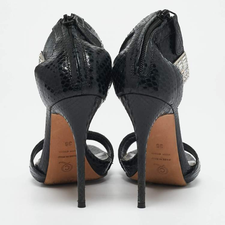 Pre Owned Alexander McQueen Black Snakeskin Leather Crystal Embellished Ankle Cuff Sandals Size 36