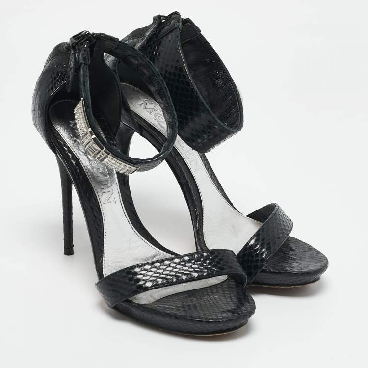 Pre Owned Alexander McQueen Black Snakeskin Leather Crystal Embellished Ankle Cuff Sandals Size 36