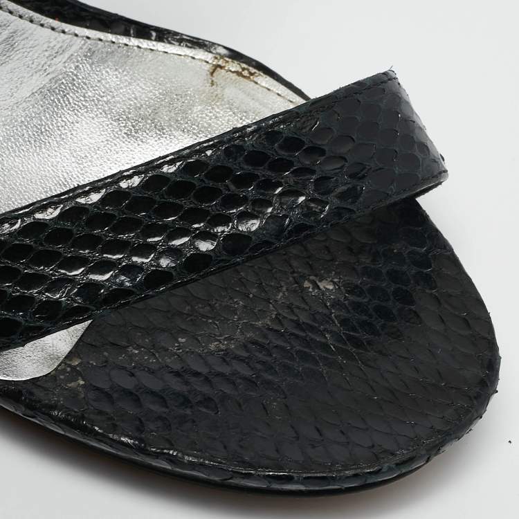 Pre Owned Alexander McQueen Black Snakeskin Leather Crystal Embellished Ankle Cuff Sandals Size 36