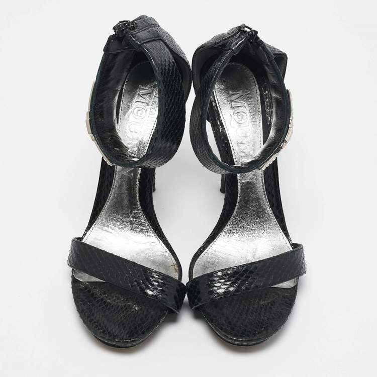 Pre Owned Alexander McQueen Black Snakeskin Leather Crystal Embellished Ankle Cuff Sandals Size 36