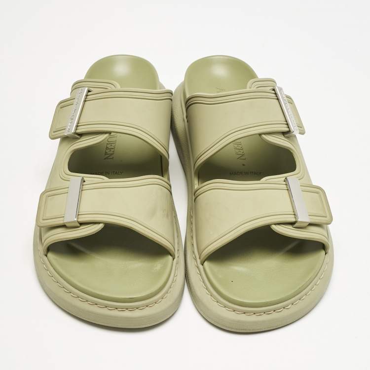 Pre Owned Alexander McQueen Green Rubber Logo Embossed Slide Sandals Size 40