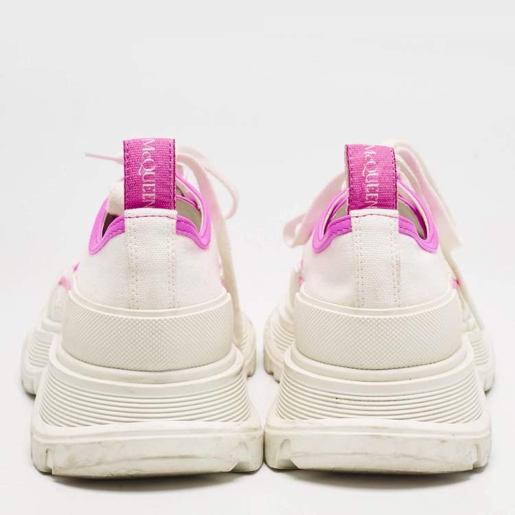 Pre Owned Alexander McQueen White/Neon Pink Canvas and Leather Slick Chunky Sneakers Size 38.5
