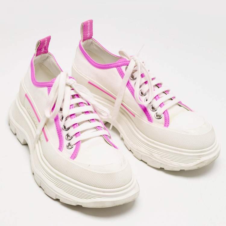Pre Owned Alexander McQueen White/Neon Pink Canvas and Leather Slick Chunky Sneakers Size 38.5