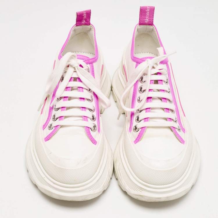 Pre Owned Alexander McQueen White/Neon Pink Canvas and Leather Slick Chunky Sneakers Size 38.5