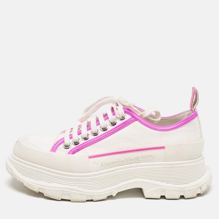 Pre Owned Alexander McQueen White/Neon Pink Canvas and Leather Slick Chunky Sneakers Size 38.5