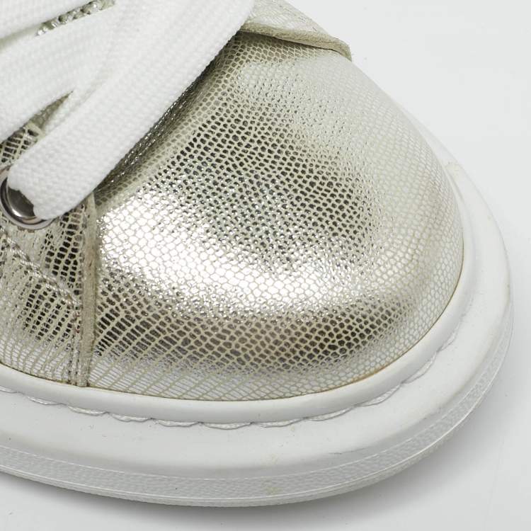 Pre Owned Alexander McQueen Silver Leather Oversized Lace Up Sneakers Size 40