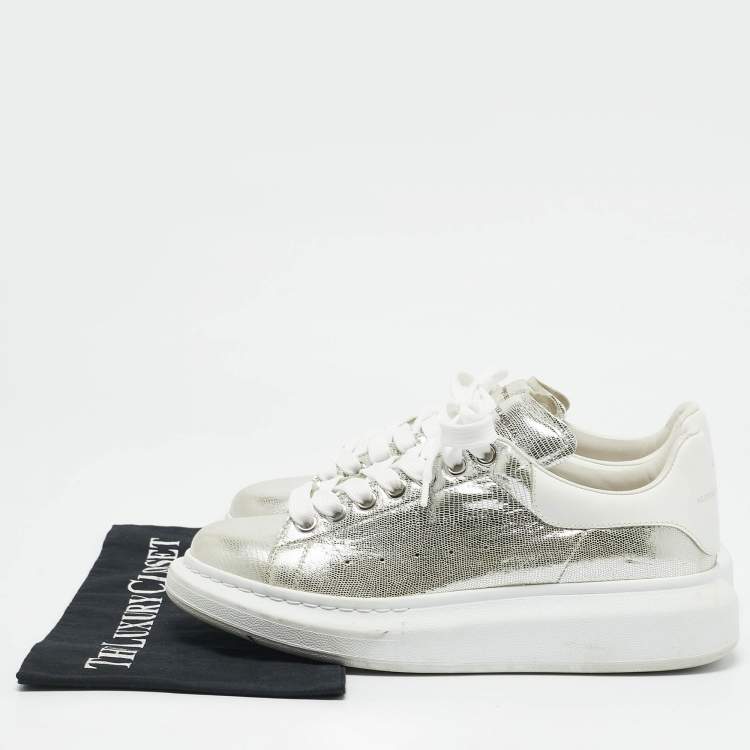 Pre Owned Alexander McQueen Silver Leather Oversized Lace Up Sneakers Size 40