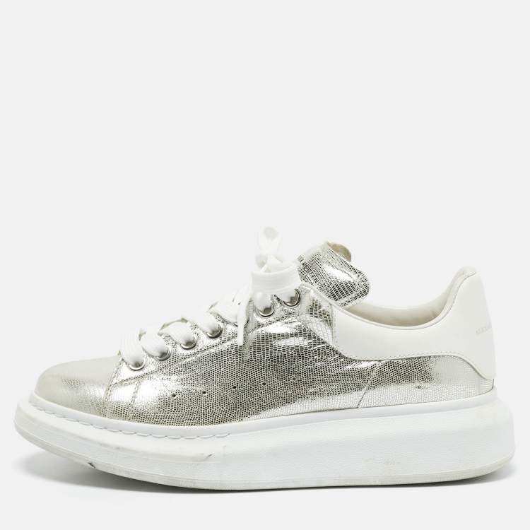 Pre Owned Alexander McQueen Silver Leather Oversized Lace Up Sneakers Size 40