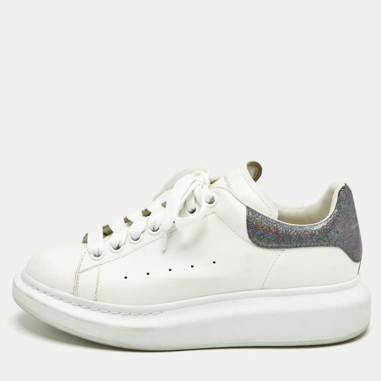 Pre Owned Alexander McQueen White Leather and Glitter Oversized Low Top Sneakers Size 39.5